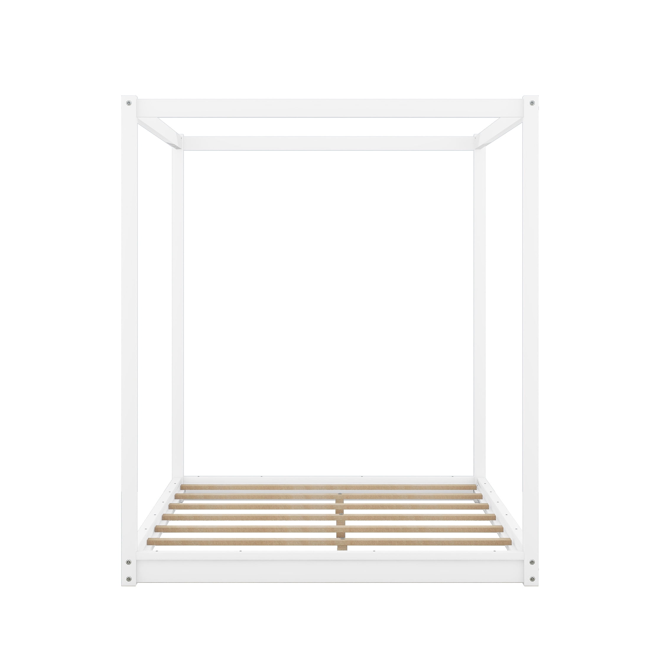 Noble House Queen Erika Canopy Platform Bed, Modern Minimalist Wood Frame with Slat Support, Support Legs, White