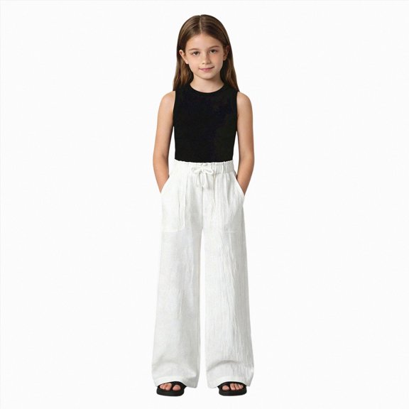 TTUHYWXI Girl's Wide Leg Pants with Pockets High Waist Drawstring Casual Trousers Lightweight Loose Pants (White,7-8 Years)