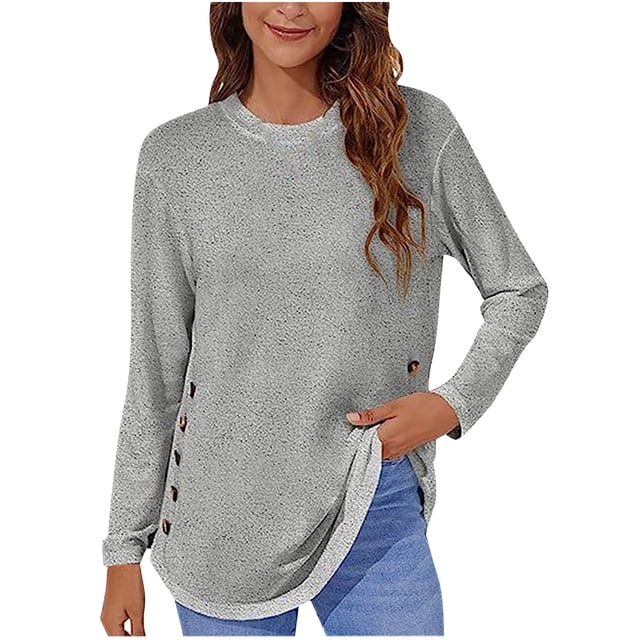Womens Tops Long Sleeve Long Sleeve Womens Tops Womens Solid Button Fashion Round Neck Comfortable Long Sleeve Top Womens Long Sleeve Tops Long Sleeve Workout Tops for Women