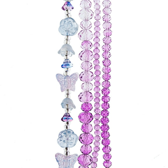 Crystal Lane DIY Glass Garden 7in Purple Mix Butterflies Roses Flower Rondelle Bead Strands