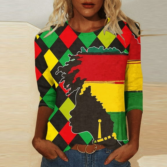 LYEAA Women Black History Month Print 3/4 Sleeve T-Shirt Casual Round Neck Loose Fit Cotton Top Afrocentric Cultural Apparel Everyday Wear Multicolor S