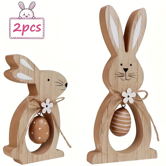 FDEEOM Easter Decoration, 2 pcs Rustic Easter Bunny Wooden Table Centerpiece Signs Rustic Tiered Tray Farmhouse Decor for Gifts, Natural Wood Color