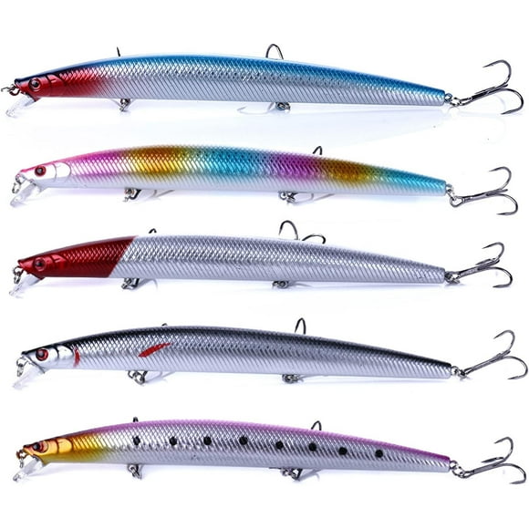 PinesC Appâts Jerk pour la Pêche au Bar, Leurres de Pêche, Leurres Minnow Appât Jerk pour Eau Douce/sale Leurres de Pêche pour Truite Brochet, 5 Pcs/10 Pcs avec Boîte