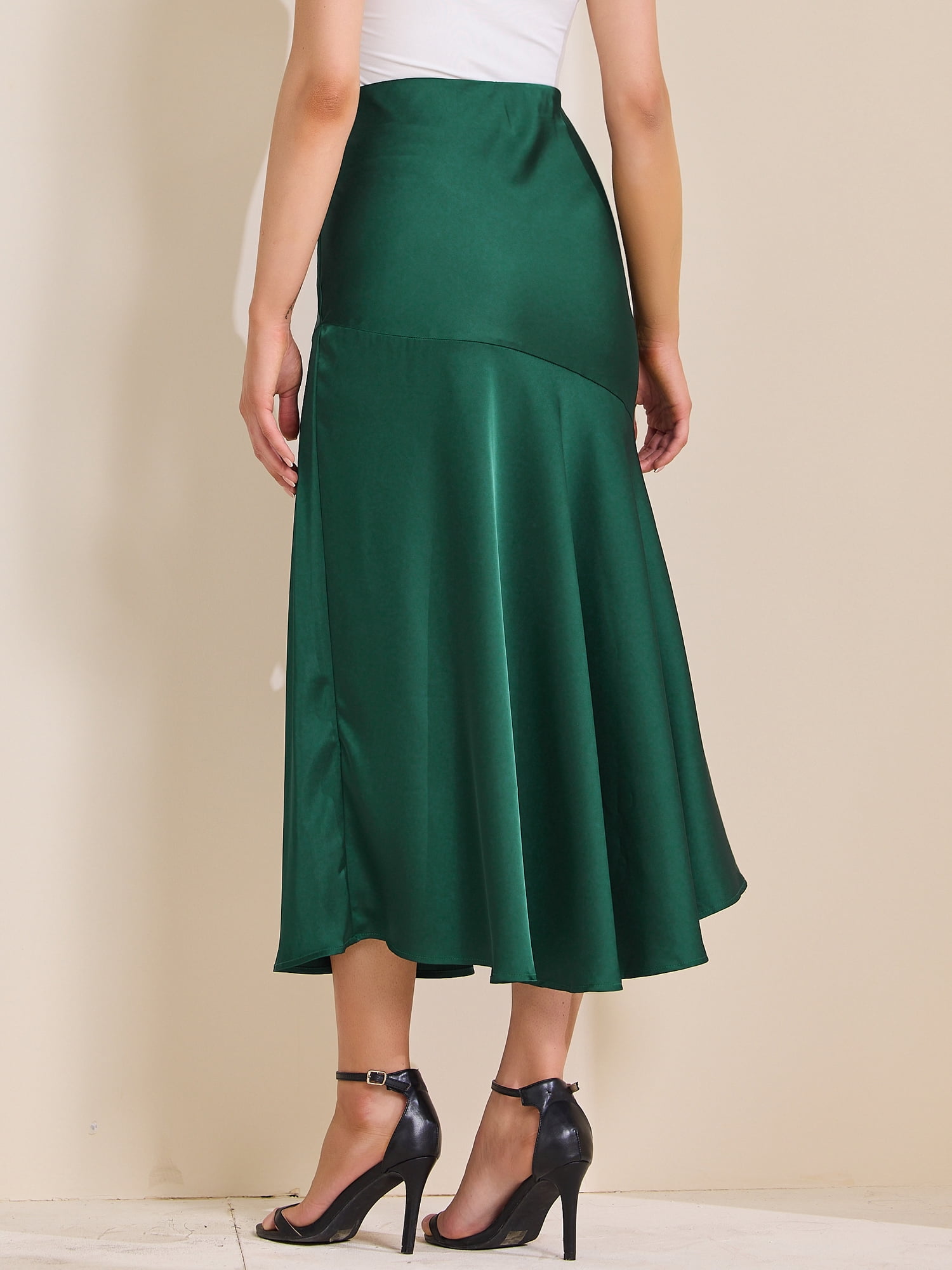 DARING DIVA Women's Satin High Waist Flowy Elegant Mermaid Maxi Skirts XS Green