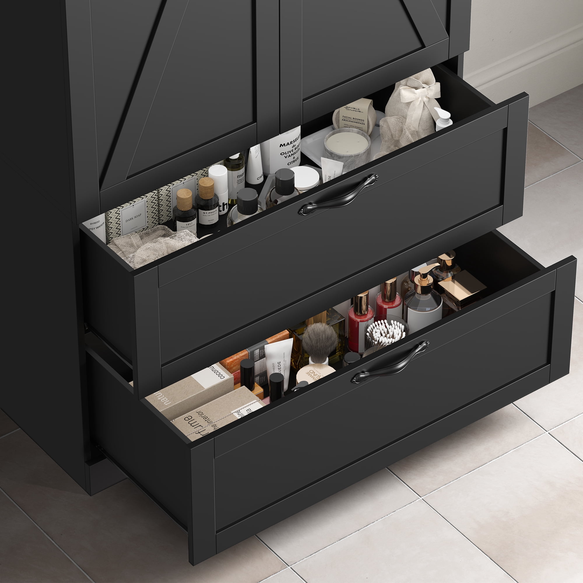 Homfa 70.3"H Bathroom Storage Cabinet, Farmhouse Linen Storage Cabinet with 2 Drawers, Black