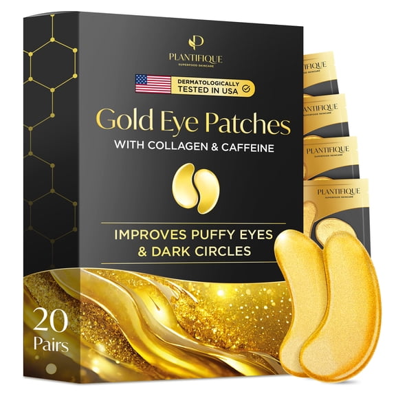 Plantifique Gold Eye Patches Under Eye Masks for Dark Circles, 20 Pairs
