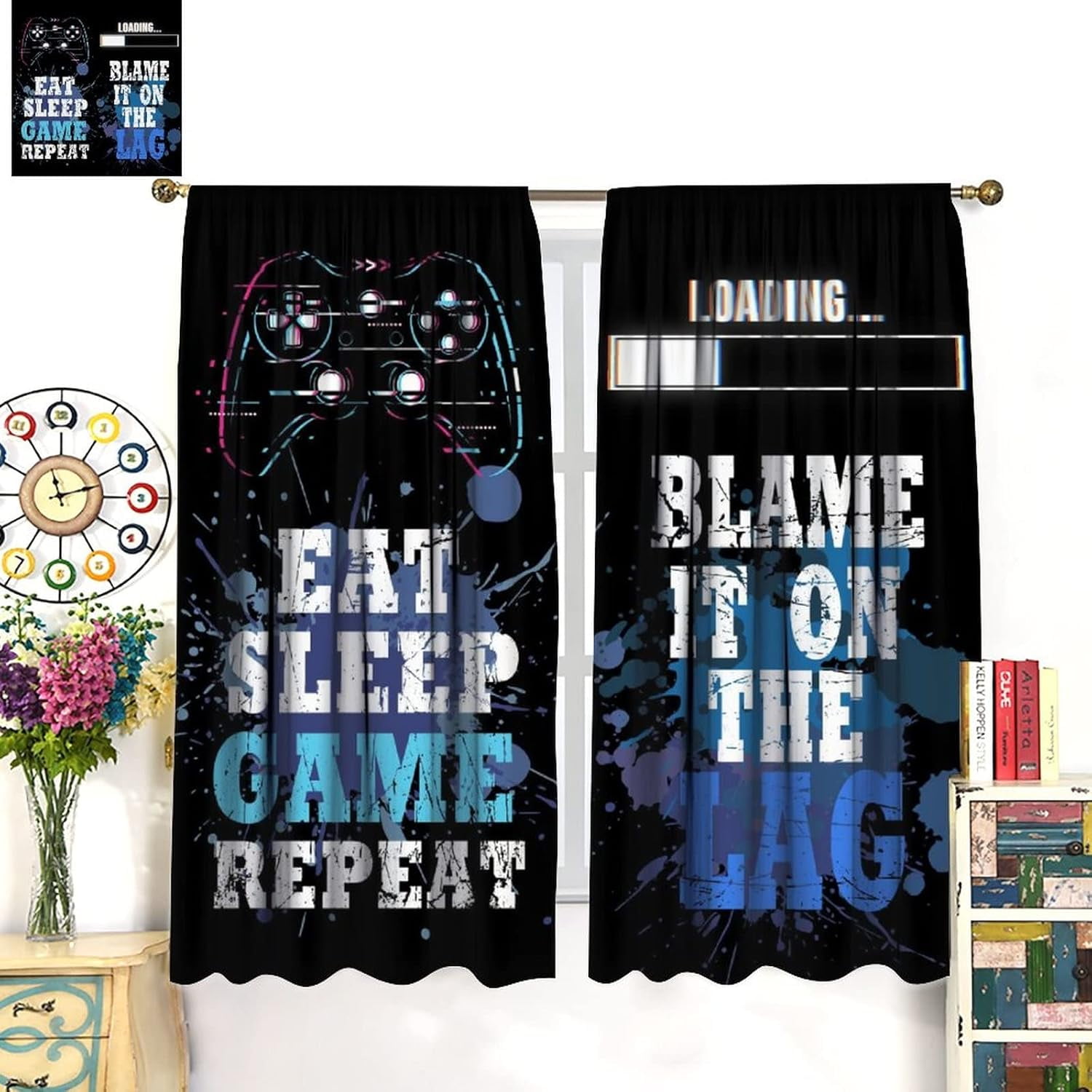 Kids Gamer Curtains Rod Pocket Black White Gaming Teen Boys Bedroom Decor Funny Quotes Men Cool Gamepad Art Printed Living Room Playroom Window Drapes Fabric 42'''' W x 84'''' L x2【Decor】