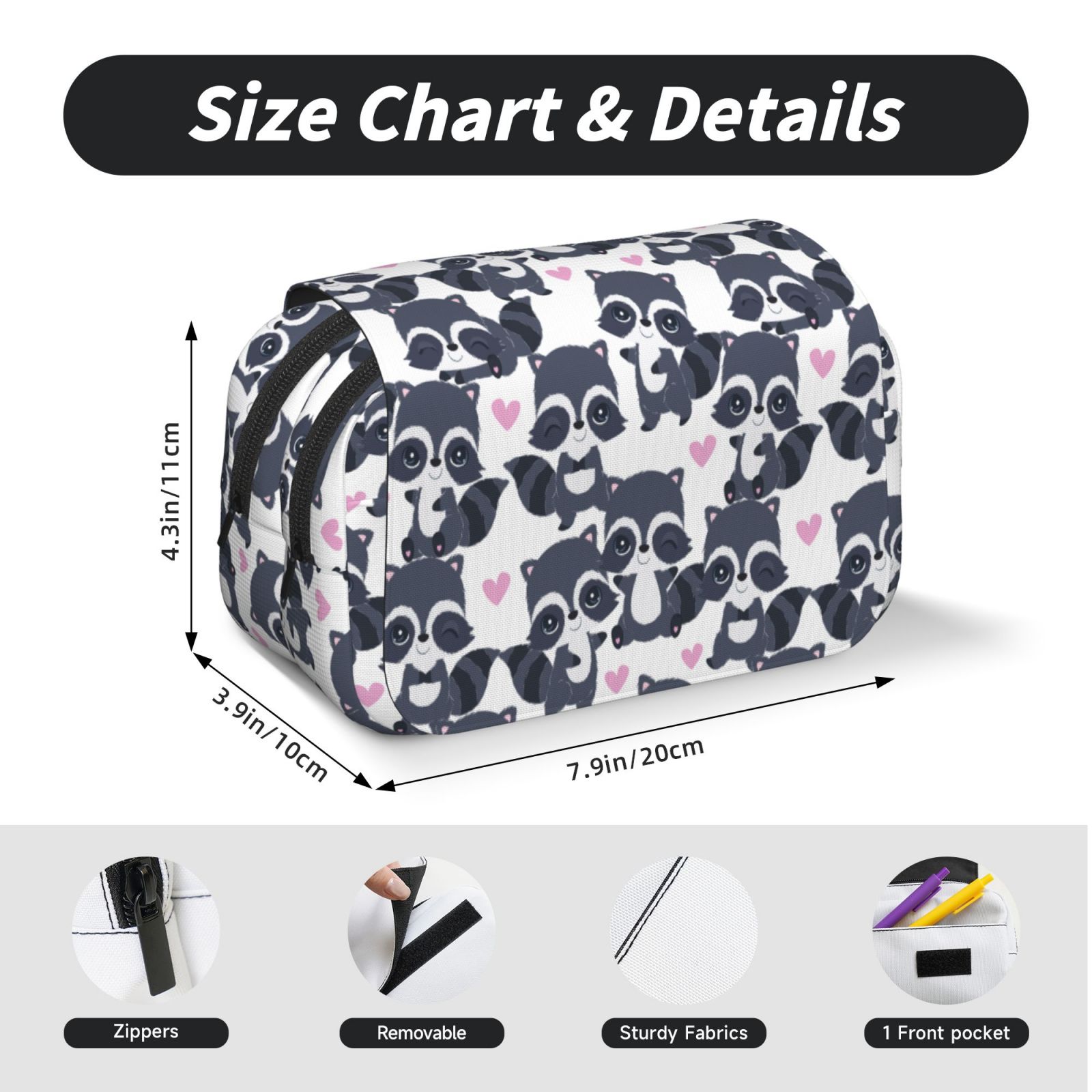 Rateoe Cartoon Raccoon Pattern Double Clamshell Pen Case, Storage Organizer with Two Zipper Compartments– Holds Up to 50 Pencils & Pens