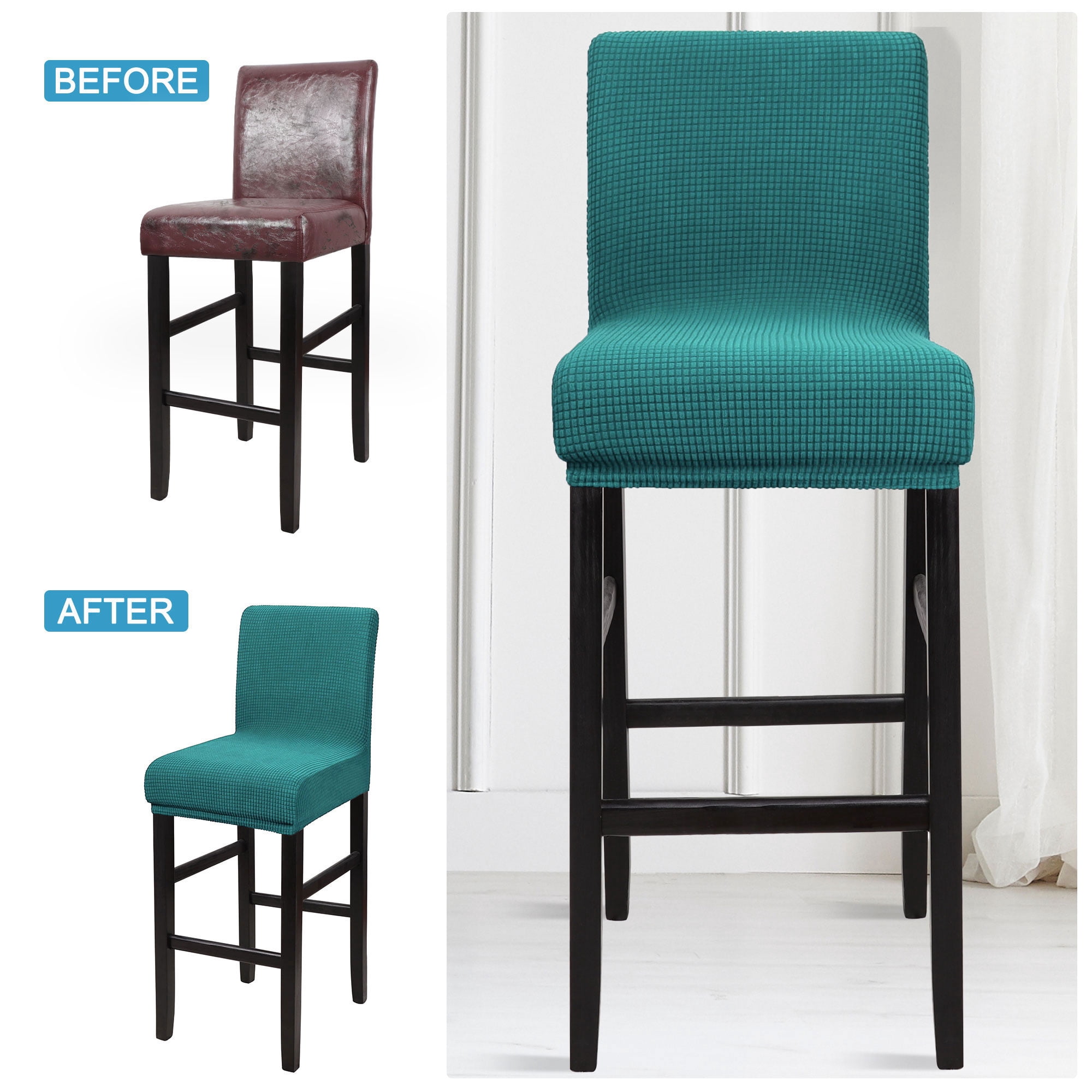 Unique Bargains Polyester Stretch Bar Stool Covers Elastic Band Mid Back Chair Slipcover Teal 2 Pcs