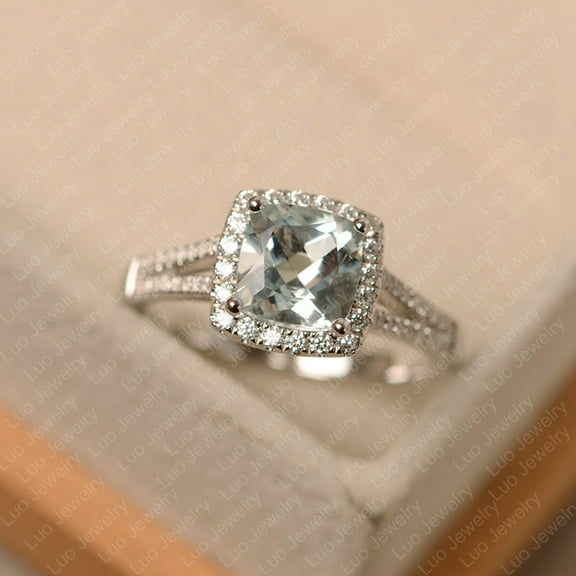 Aquamarine ring, cushion cut March birthstone ring, sterling silver engagement ring