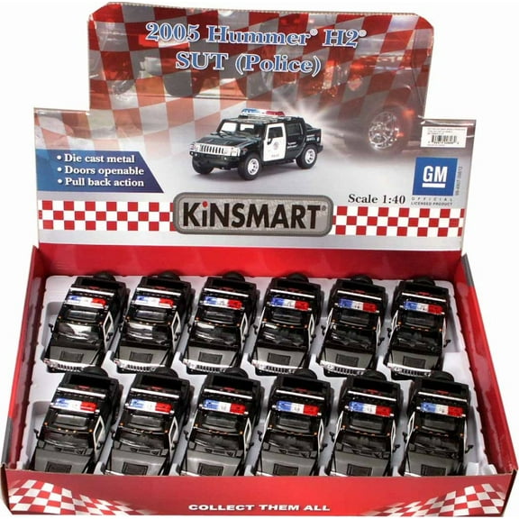 Box of 12 Diecast Model Toy Cars - 2005 Hummer H2 SUT Police Pickup Truck, 1/40 Scale