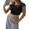 thumbnail image 4 of Femmes Été Casual Manches Courtes Chemisier Col Rond Tops Slim Fit Basique Tee-Shirt Vert S, 4 of 6