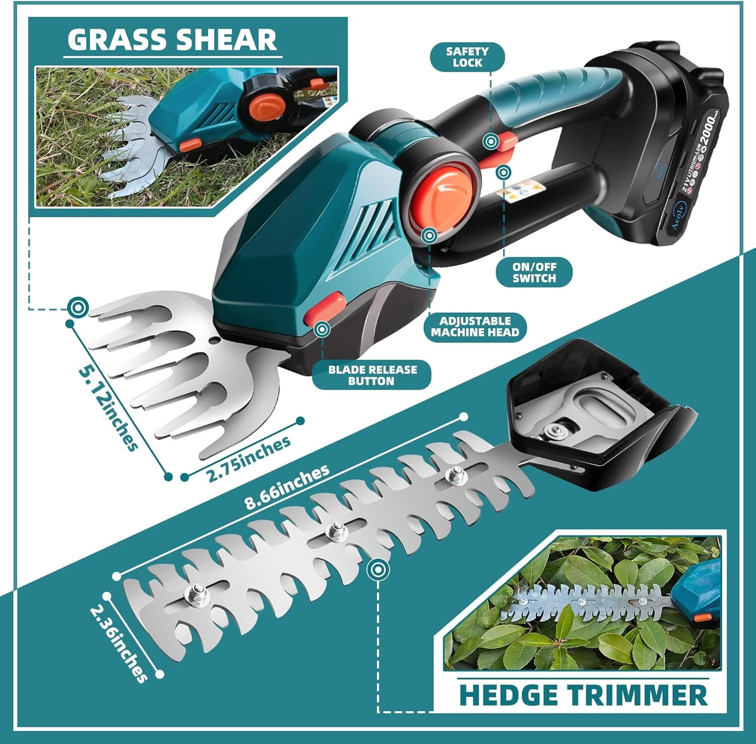 Cordless Hedge Trimmer 2-in-1 Handheld Grass Shear 2PCS 21V Rechargeable Battery