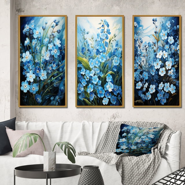 Designart "pasture Of Forgetmenots Flowers III" Floral & Botanical Framed Wall Art Set Of 3 - Blue Meadow Frame Gallery Wall Set For Home Decor