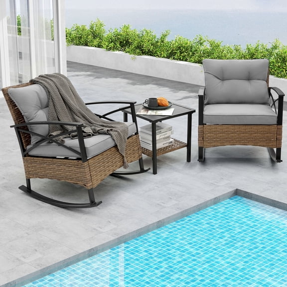 Enyopro 3-Piece Patio Furniture Set, Outdoor Wicker Conversation Set with Coffee Table, All-Weather Rattan Chairs & Cushions, Modern Patio Seating for Garden, Balcony, or Backyard, Gray