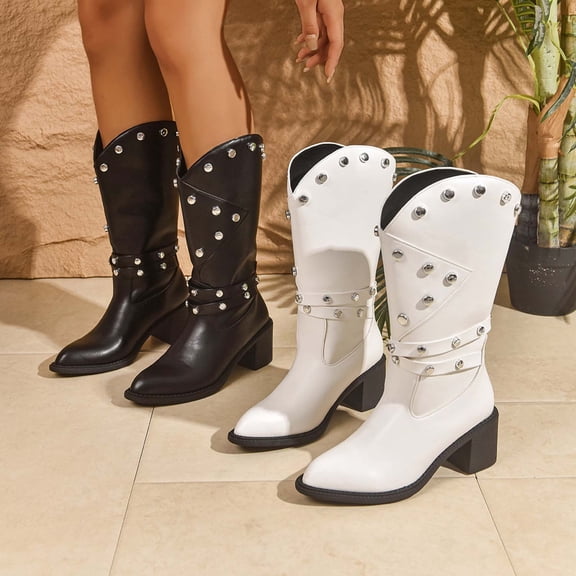 Juebong Rivet Cowboy Boots for Women Western Mid Calf Fashion Cowgirl Boots Chunky Heel Pointed Toe Country Boot White,37