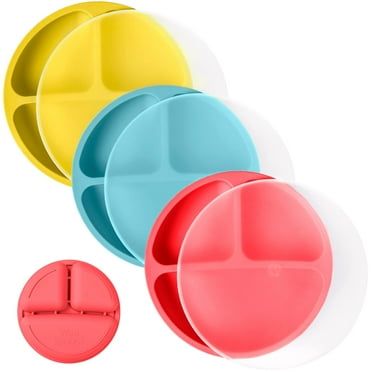 WeeSprout Toddler Plates, Silicone Divided Dishes for Kids, BPA-Free, 3 Pack, Red/Blue/Yellow