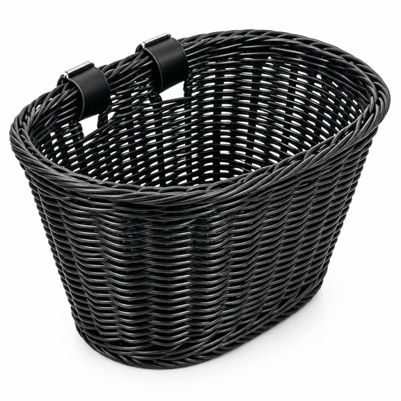 VERDANO Front Bike Basket for Adult Bikes, Wicker Bicycle Basket with Adjustable Leather Straps, Handwoven Waterproof Beach Cruiser Basket for Handlebar-Black