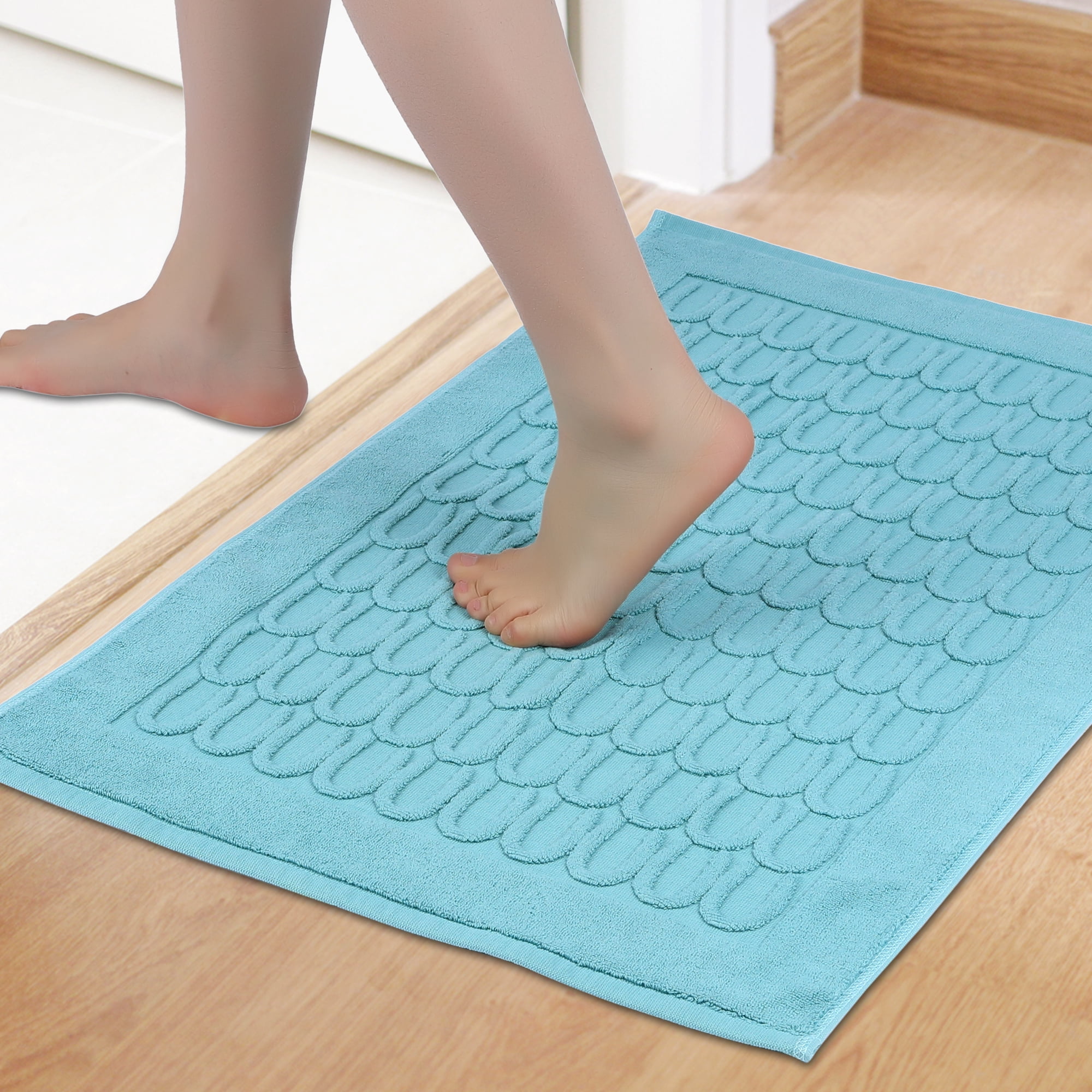 Unique Bargains Washable Textured Cotton Bath Rug Water Absorbent Mat Light Blue 20" x 32"
