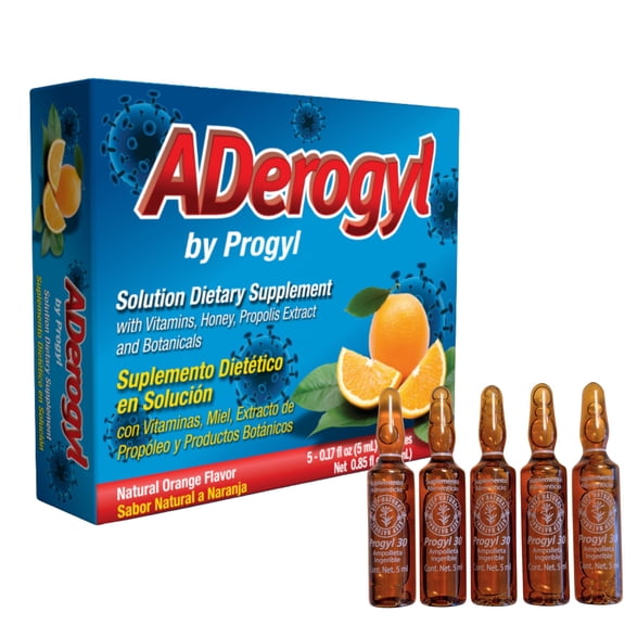 ADerogyl by Progyl - 5 Ampolletas Vitaminas Miel, Propolio, with Vitamins A, C, D, E, Zinc, Honey, Propolis- Natural Orange Flavor - 5 Ampoules (0.85 fl oz / 25 ml) Immune Support