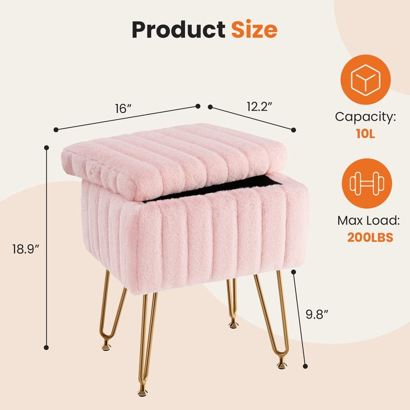 Gianna Square Ottoman with Storage, Makeup Cute Soft Small Footstool, Modern Style Faux Fur Seat with 4 Metal Legs & Adjustable Feet for Dressing, Living Room Bedroom Dorm, Pink