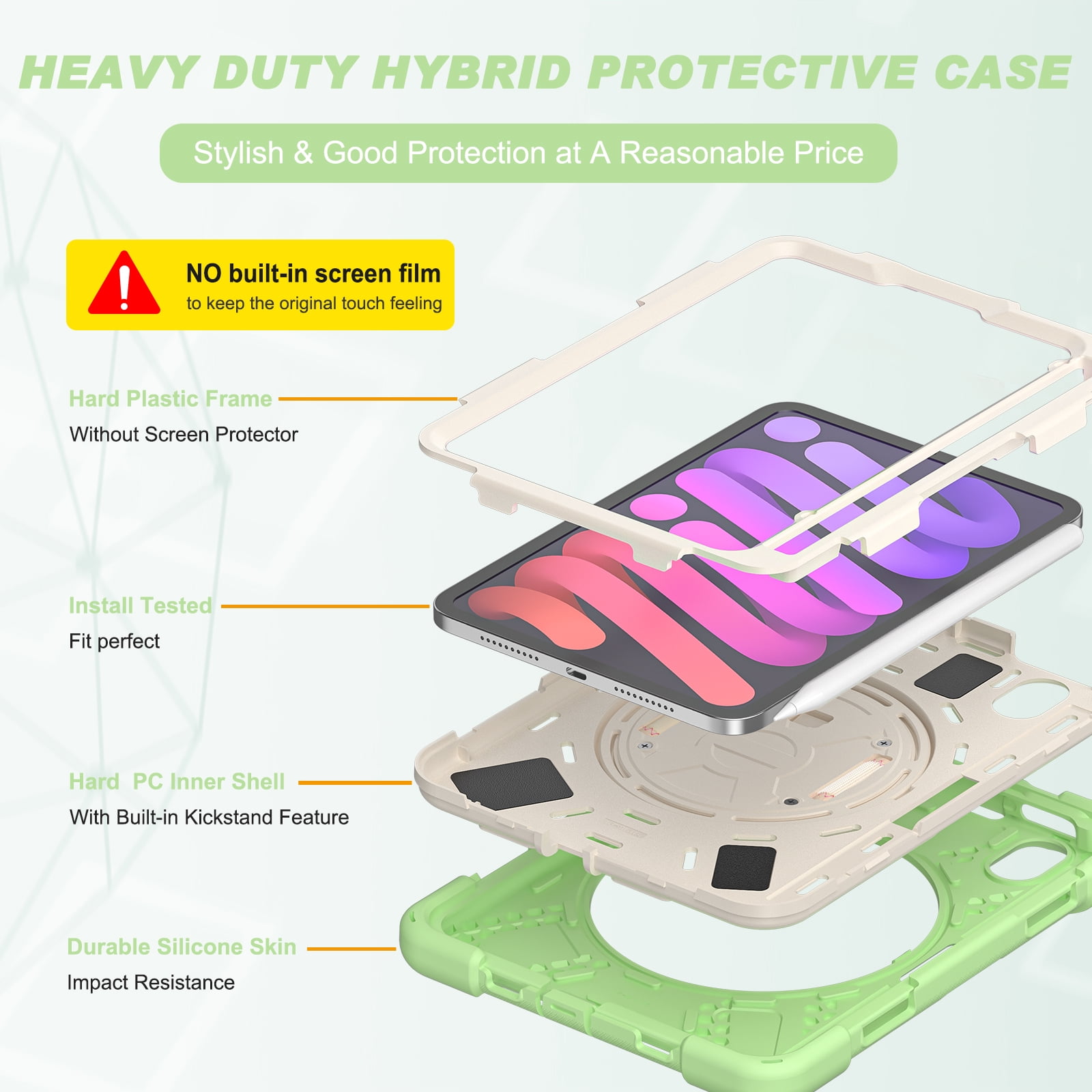 Allytech iPad mini 6 Case 8.3-inch 2021, Military Grade Shockproof Anti-scratch Build-in Pencil Holder Kickstand Hand Strap Protective Case Cover for Apple iPad mini 6th Generation, Matchagreen