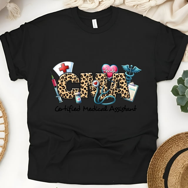 CMA Leopard Print Graphic T-Shirt, Certified Medical Assistant Tee, Black, Size L