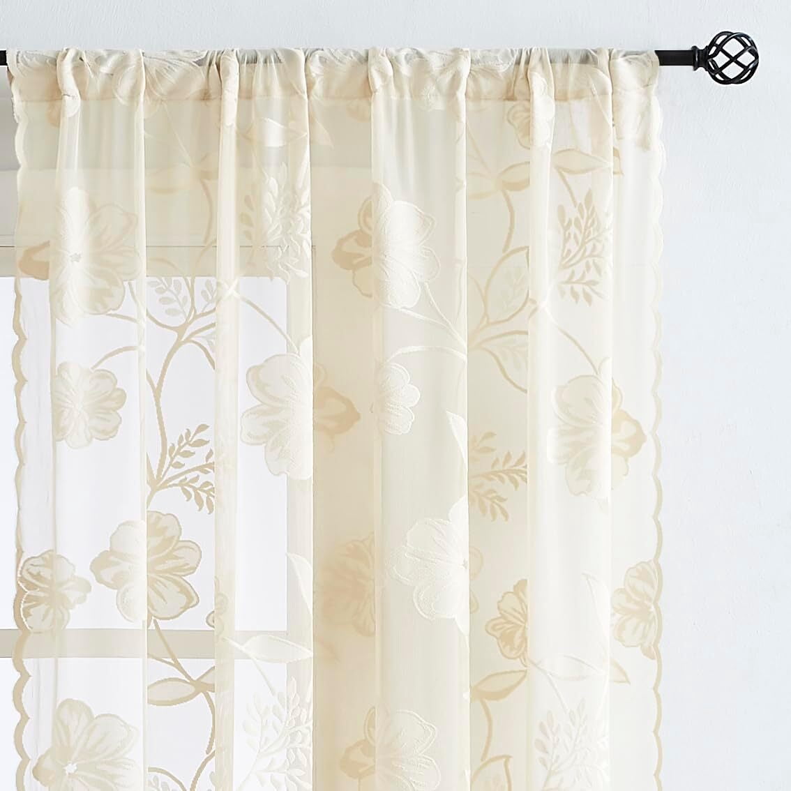 Exultantex Lace Curtains for Living Room 90" Vintage Rose Floral Embroidered Semi Sheer Curtain 2 Panles,Ivory,Rod Pocket