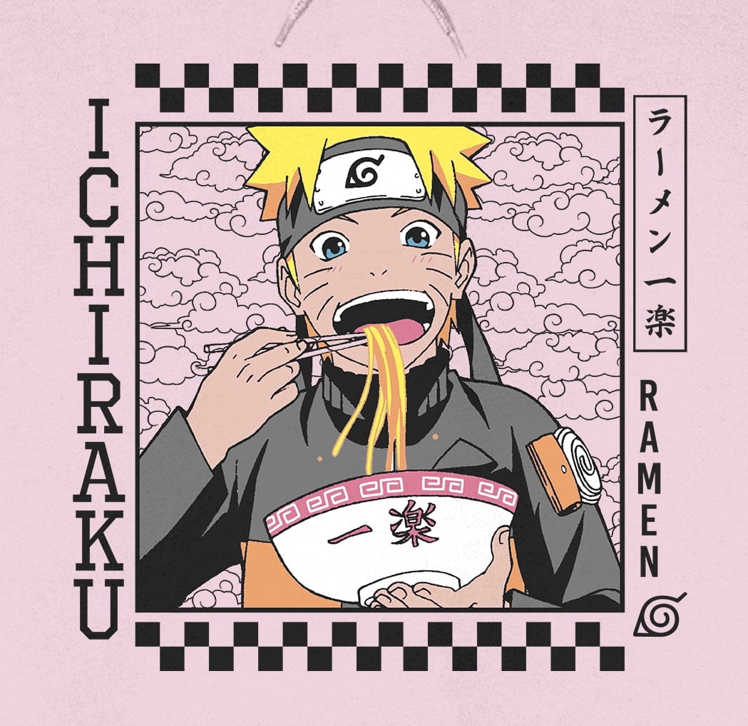 Naruto Shippuden Ichiraku Checker Border Long Sleeve Cradle Pink Men's Hooded Sweatshirt-XL