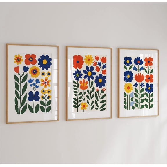 Luvia Colorful Flowers Prints Set Of 3, Scandinavian Folk Floral Artwork, Folk Abstract Botanical Poster, Maximalist, Modern Wall Decor Set 3 Prints 8x12 UNFRAMED