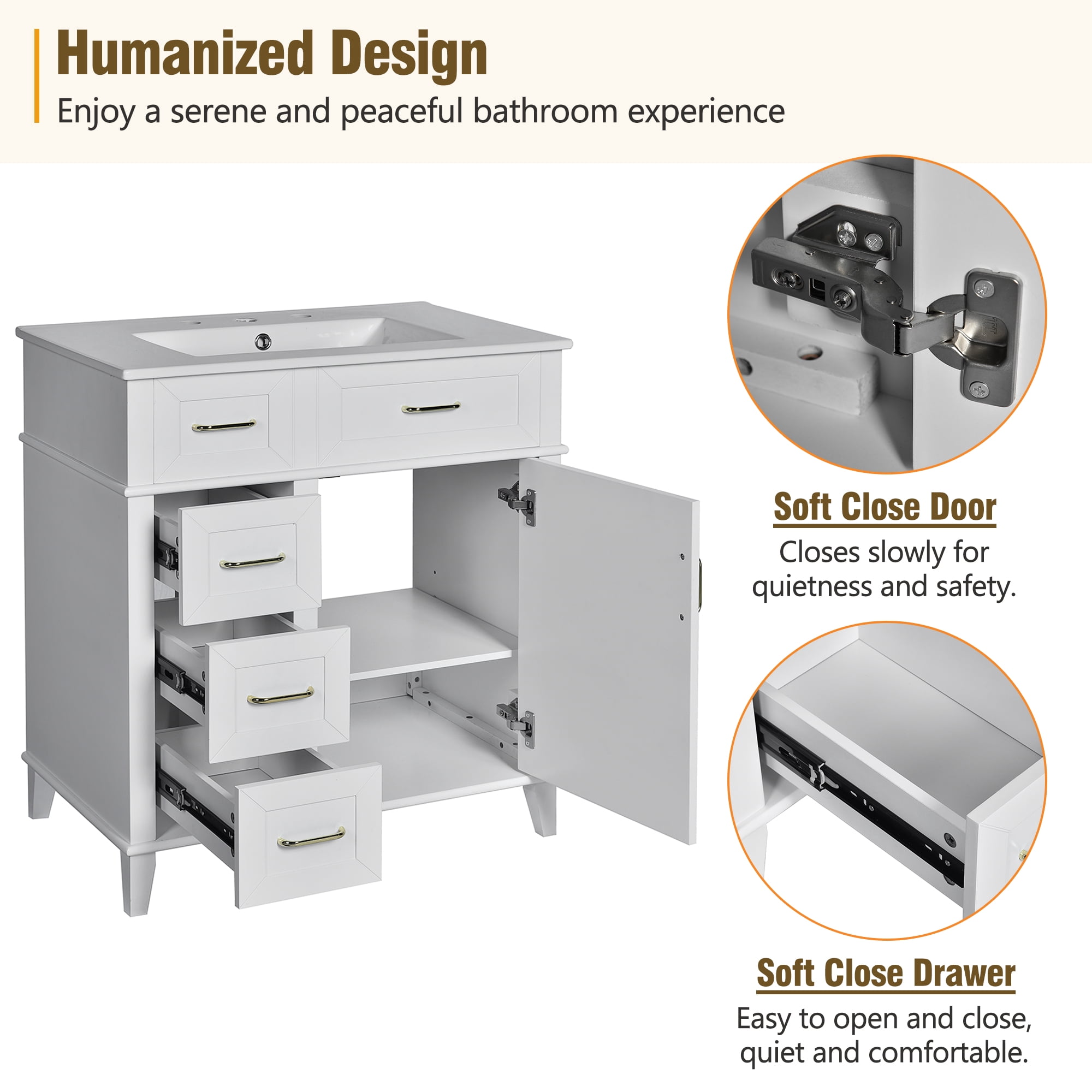 MAYEERTY 30" Bathroom Vanity - With Ceramic Sink, Adjustable Shelf & Soft-Close Door, Practical Storage for Bathrooms