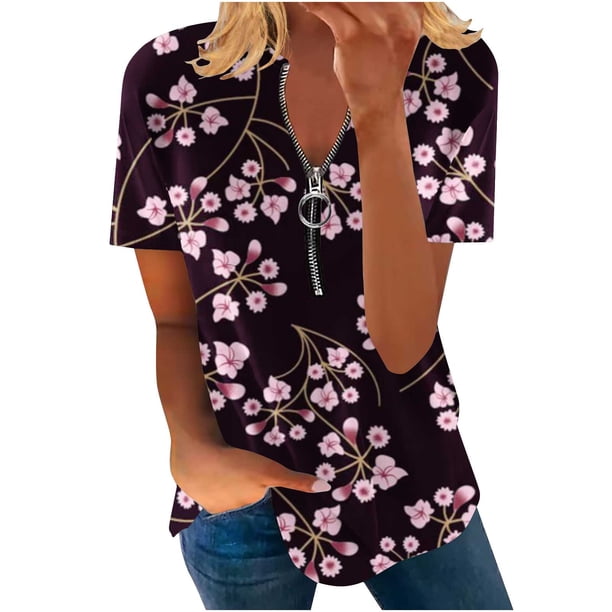 Blusa informal elegante de manga corta con cremallera y cuello redondo para mujer OAVQHLG3B Store lin121212
