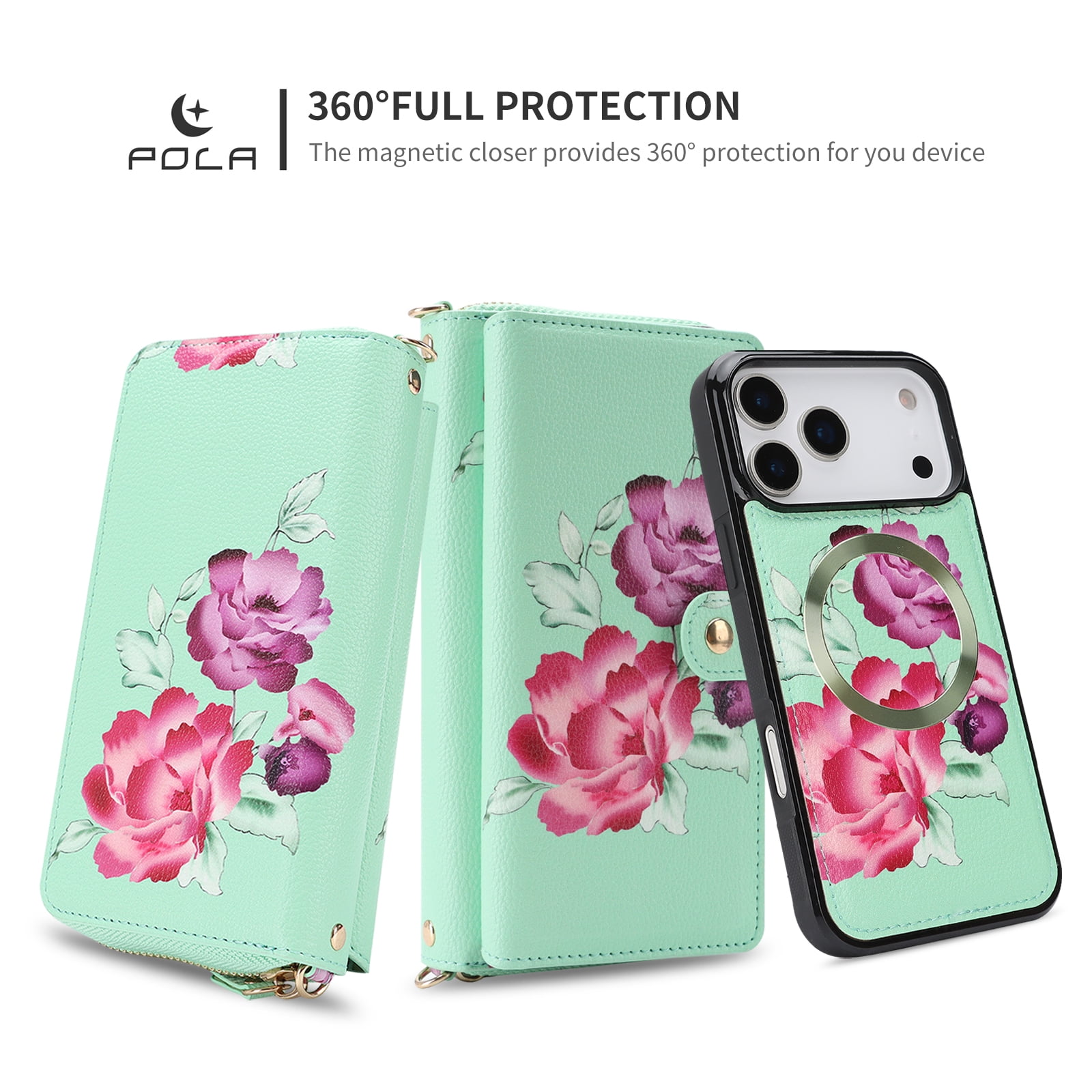 TECH CIRCLE 2-in-1 Wallet Case for iPhone 17 Air (6.5", 2025), Detachable Magnetic Back Cover, Flip Flower Phone Case with 15 Card Slots, Zipper Pocket, Crossbody Strap, Wrist Strap, Green