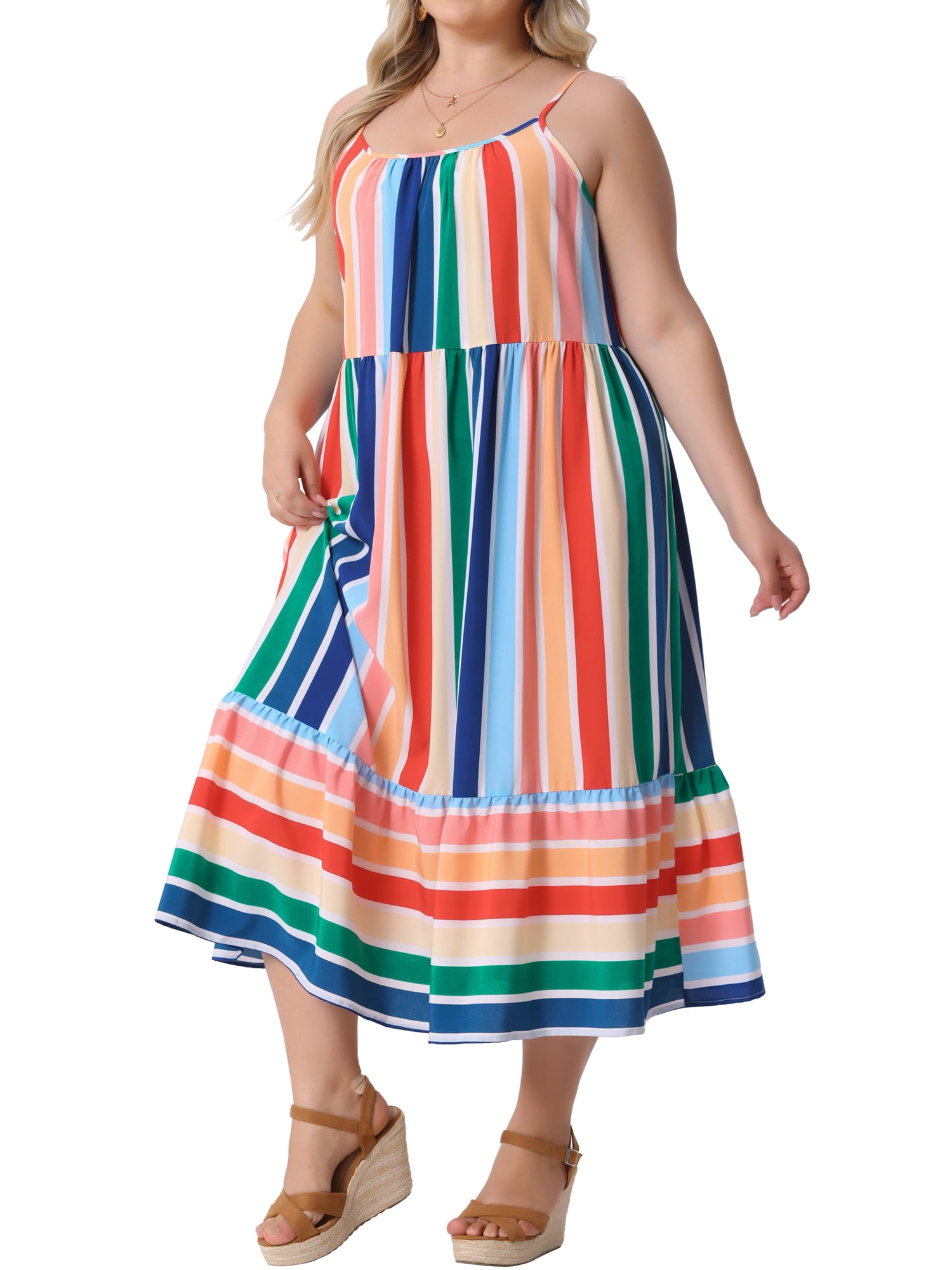 DARING DIVA Plus Size Sleeveless Bohemian Straps Cami Dress 2X Green Pink