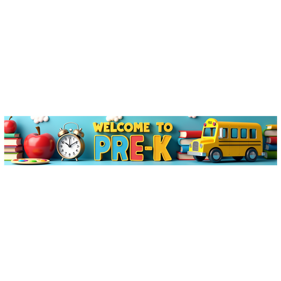 Colorful Welcome to Pre K Banner with School Bus Books Apples Alarm Clock Backdrop Decor for Preschool Opening Party Classroom Decorations Photography Props