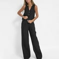 thumbnail image 6 of BLOCLOALO 2 Piece Lounge Set Sleeveless Tops Outfits Solid Color Cotton Linen Button Down Shirt Vest Tank Tops and Wide Leg Pants Set V Neck Blouses Trendy Business Sets Trendy Lounge Sets Black L, 6 of 8