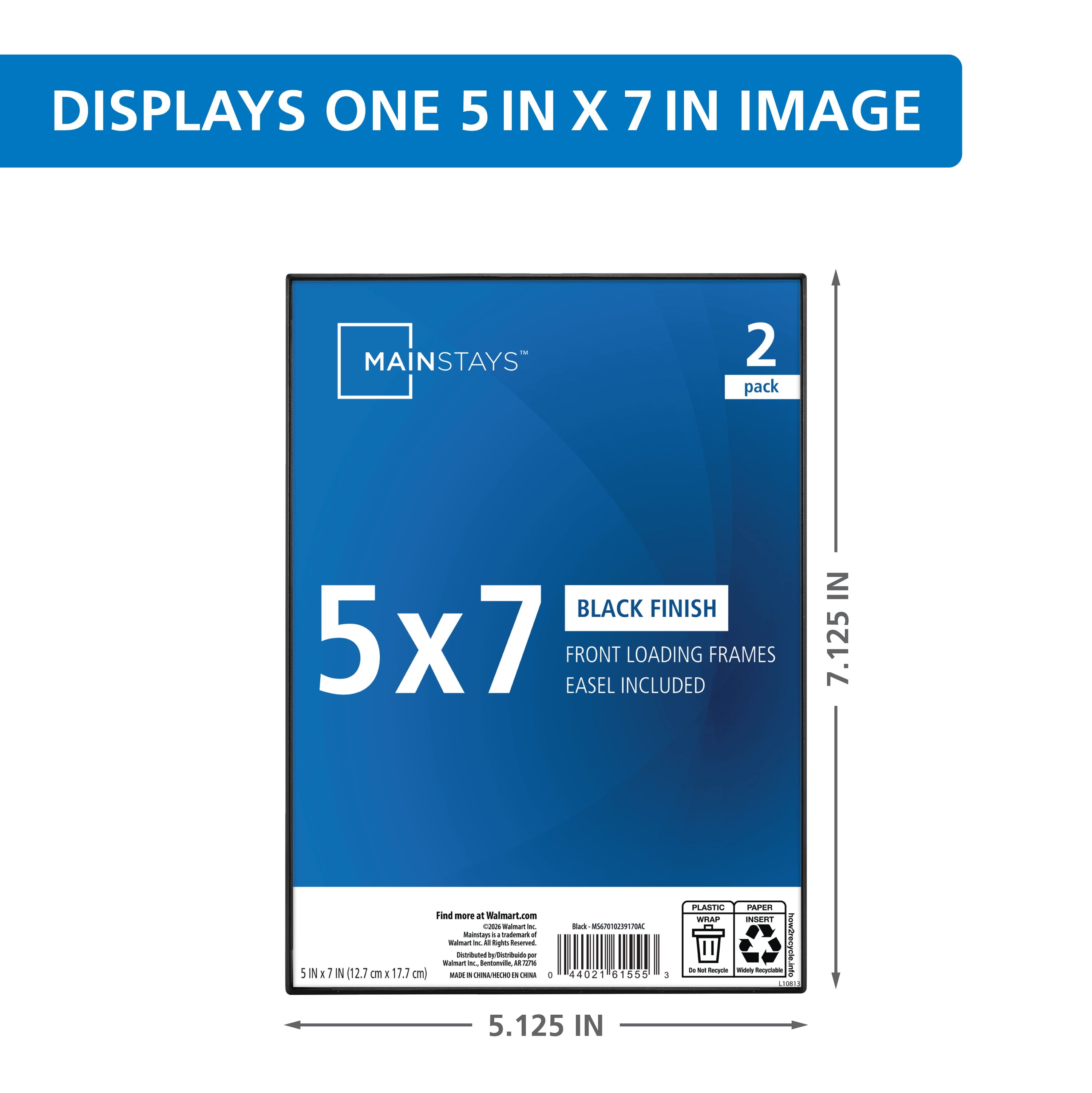 Mainstays 5x7 Picture Frame Black Front Loading Wall or Tabletop Photo Frame, Set of 2