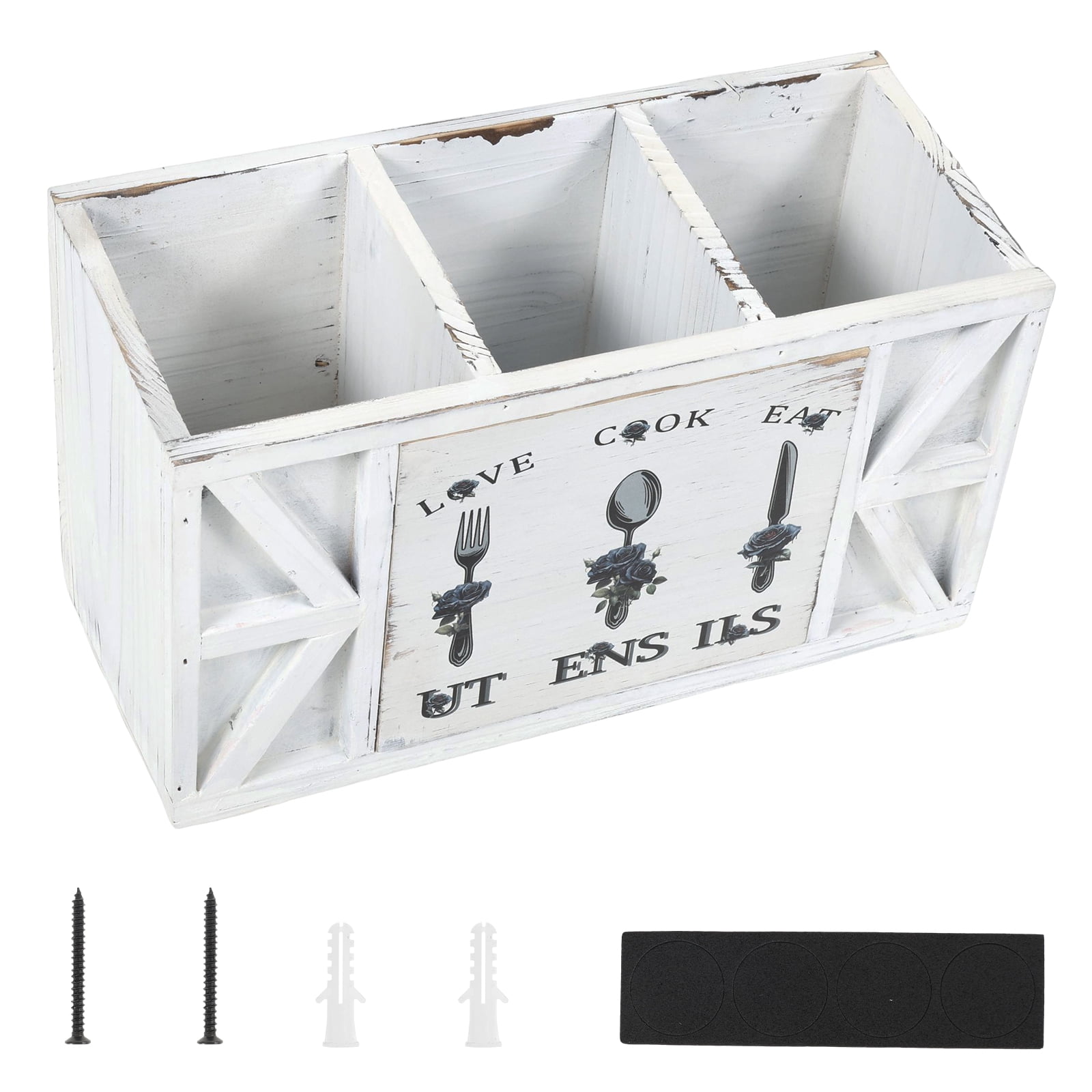 Tzdxfgl Wood Kitchen Utensil Holder for Countertop, Silverware Organizer with 3 Compartments, Large, White