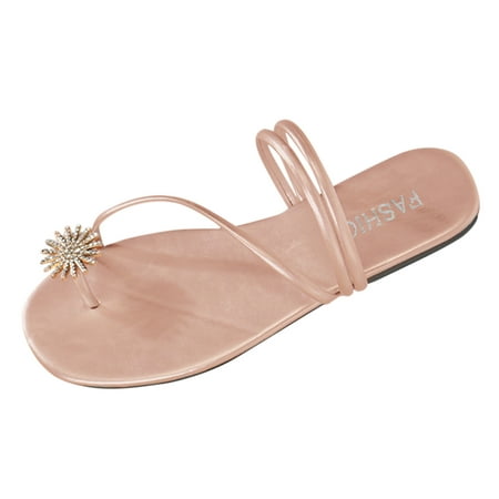 

SEMIMAY Fashion Spring And Summer Women Slippers Flat Bottom Set Toe Rhinestone Flower Slip On Solid Color Minimalist Style