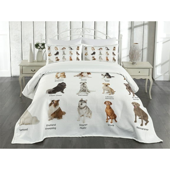 Ambesonne Colorful Quilted Bedspread Set 3 Pcs, Puppy Breeds Family, King Size, Multicolor