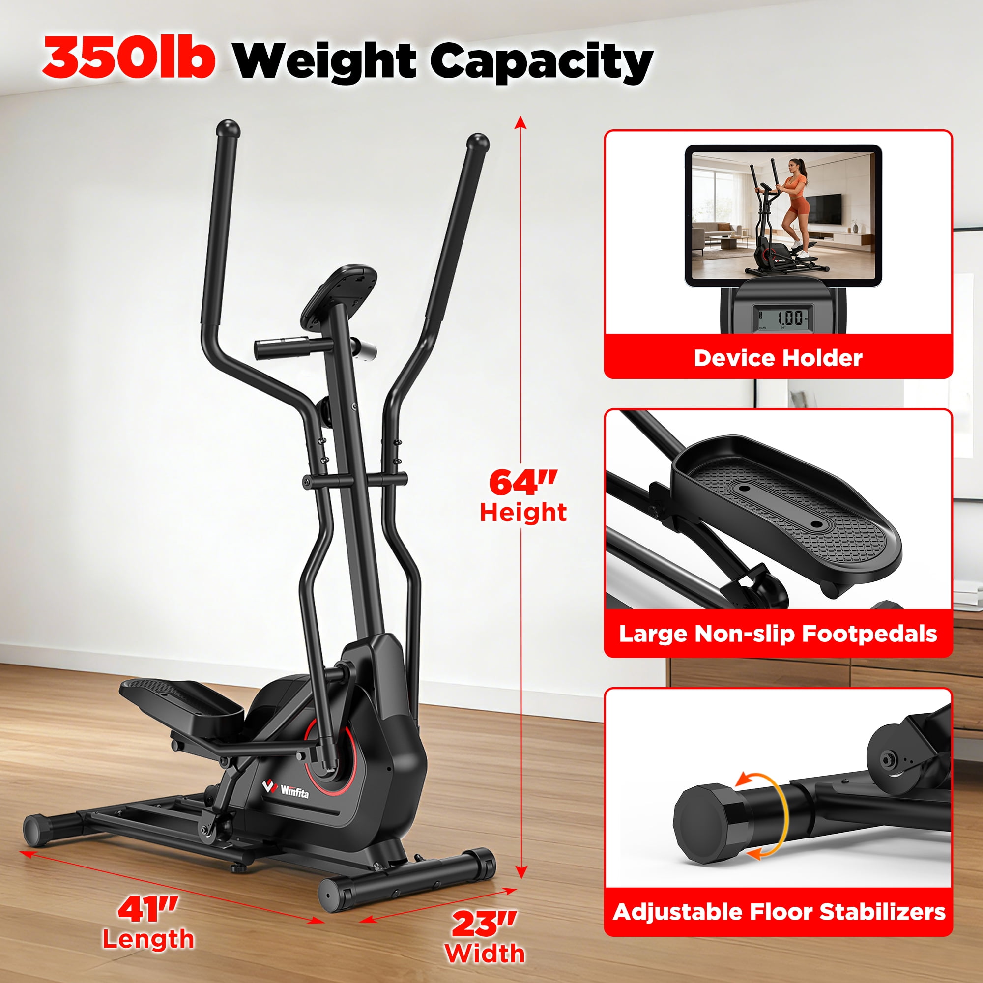 Elliptical Machine, Indoor Full-Body Cross-Training & Cardio Exercise Machine for Home Workouts, Silent Elliptical Training with 350lbs Capacity, Pulse Sensor, Adjustable Resistance, 18"Long Stride