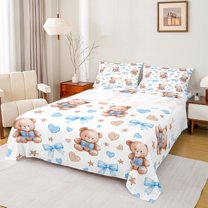 Homewish Cartoon Ribbon Bear Bed Sheets for Kids, Princess Blue Bow-tie King Sheets, Kawaii Stars Print Sheet Set, Microfiber Bedroom Decor, 4 Pieces