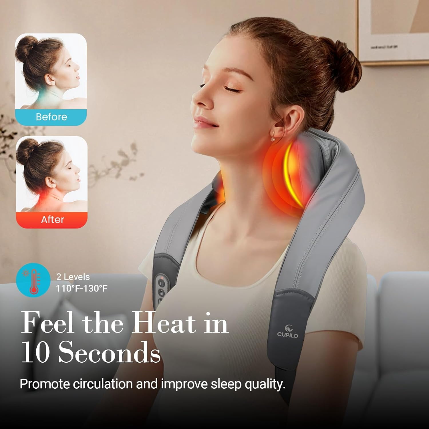 Cupilo Shiatsu Neck and Back Massager with Heat, 4D Cordless Electric Deep Tissue Kneading Massage Pillow for Shoulder Leg Body Muscle Pain Relief, Gift for Men Women Home Office Use