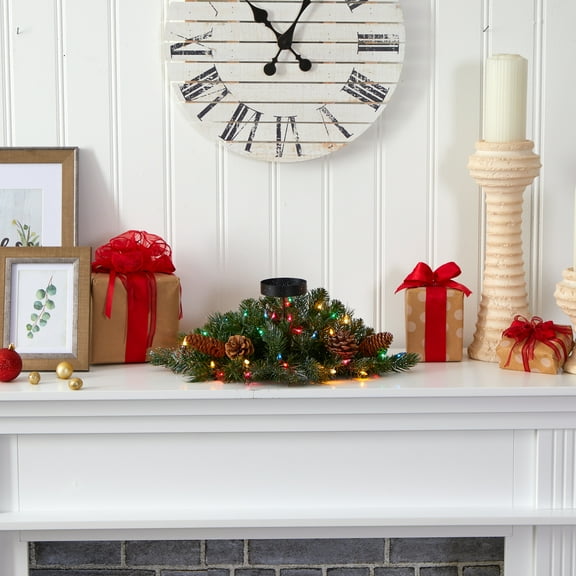 16in. Flocked and Glittered Artificial Christmas Pine Candelabrum with 35 Multicolored Lights and Pine Cones