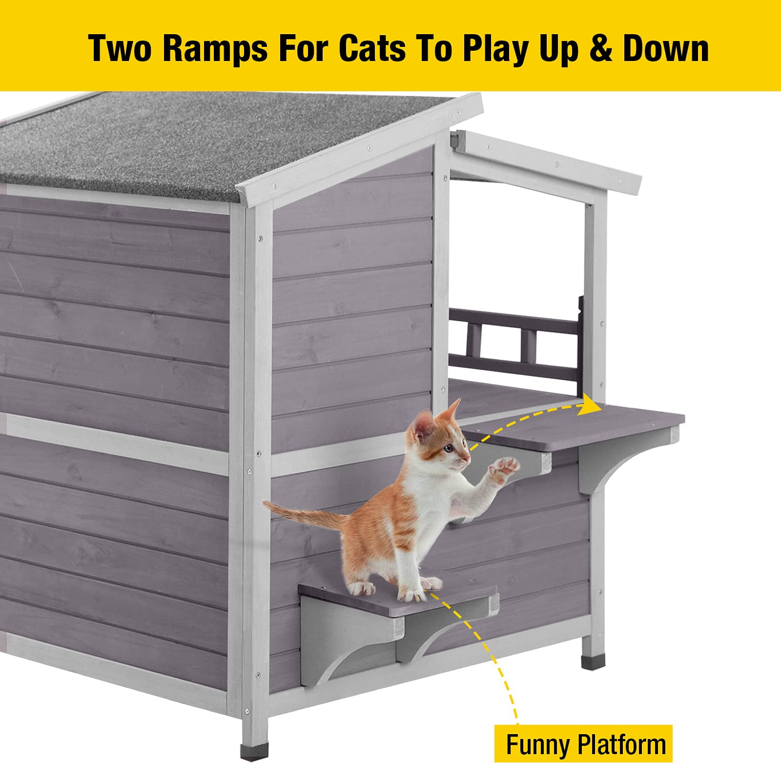 Aivituvin Outdoor Cat House Wooden Winter Weatherproof Feral Cat Shelter with Balcony