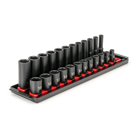 TEKTON 3/8 Inch Drive 6-Point Impact Socket Set with Rails, 24-Piece (8-19 mm) | SID91209