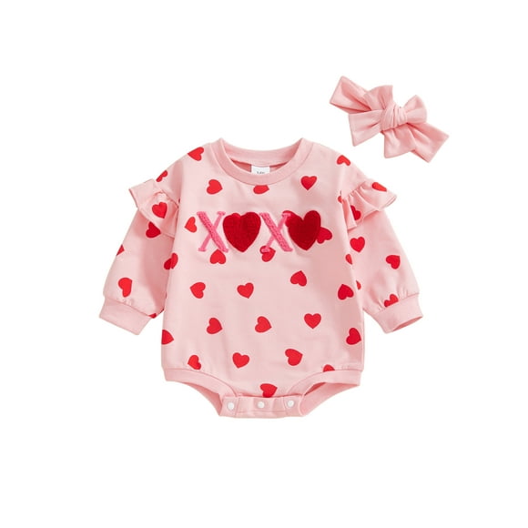Gupgi Newborn Baby Girl Valentines Heart Bodysuits 0 3 6 12 18 Months Infant Ruffle Long Sleeve Bubble Romper Bow Headband