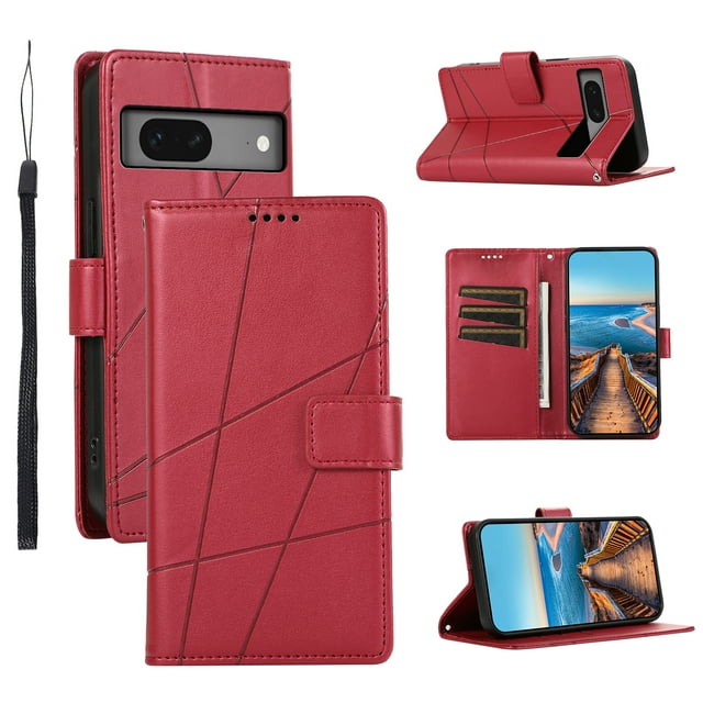 Google Pixel 7 5G Case ,Vintage PU Leather Flip Cover Card Slots Magnetic Kickstand Hand Strap Case for Google Pixel 7 5G