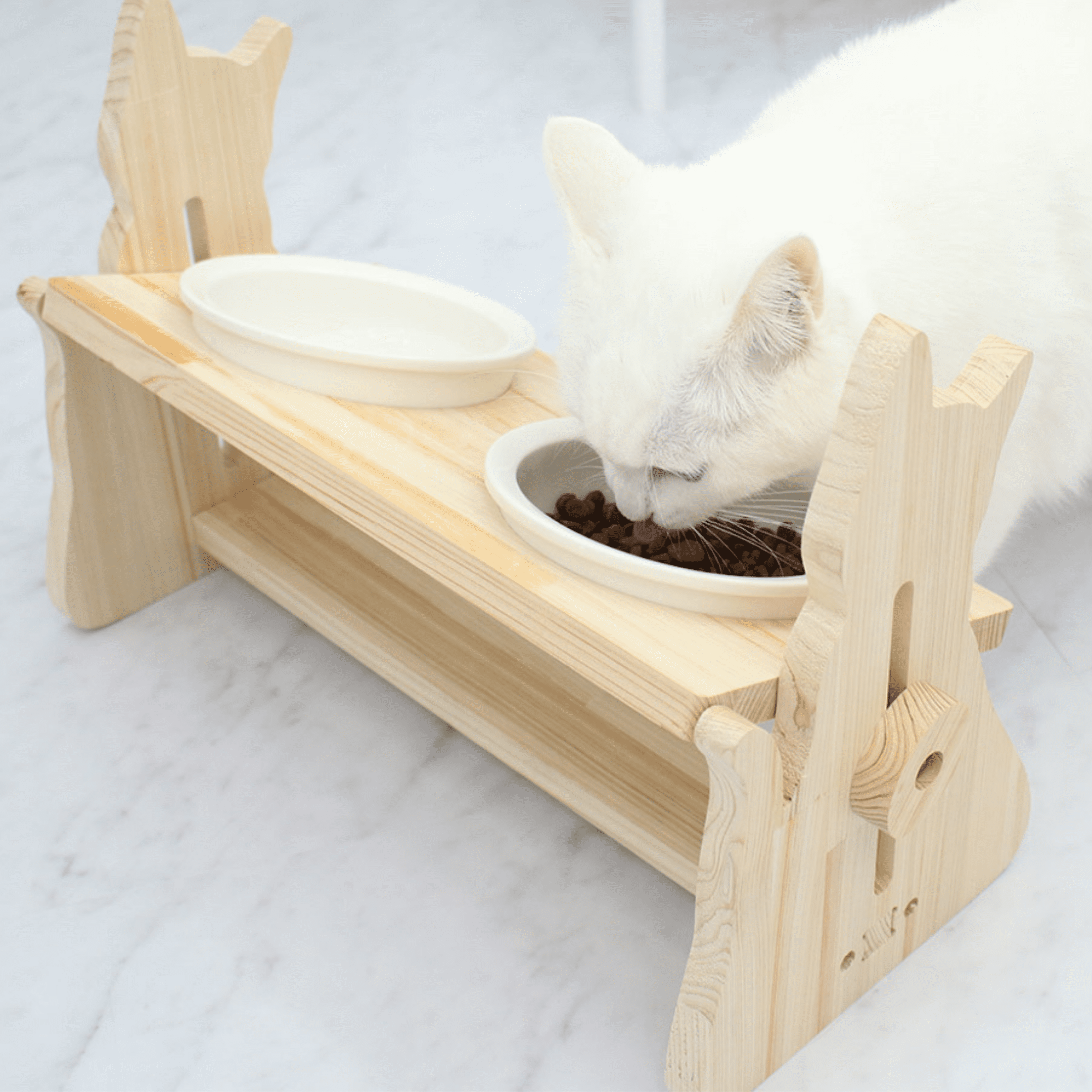 Cypress Wood Adjustable Bowl Set - For Dog & Cat Allergy Free Height Adjustable, Relaxing Angle, Sanitary Ceramic Dishes with high end furniture grade.