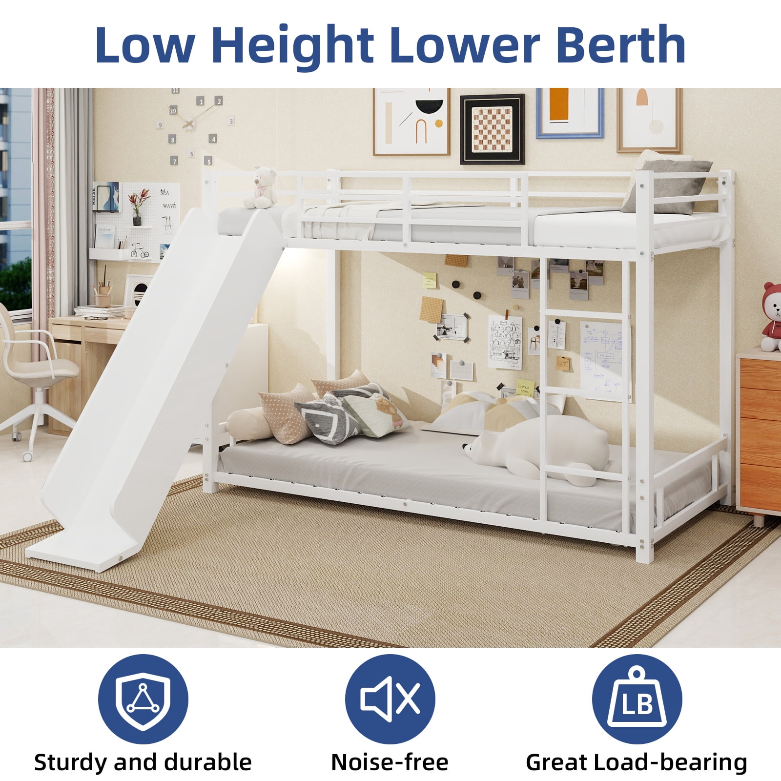 Leumius Twin Bunk Bed with Slide,Heavy Duty Metal Bed Frame with Ladder and Durable Guardrail,Space Saving,Easy Assembly,White